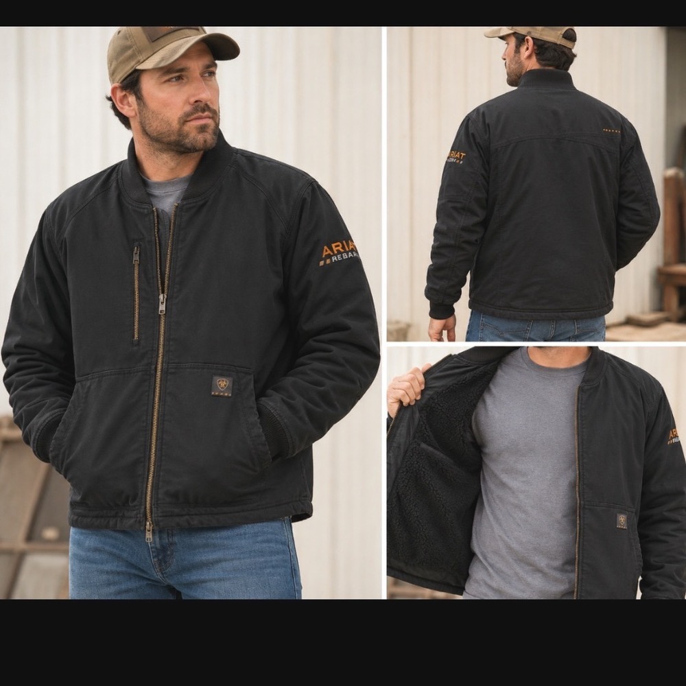 Ariat Rebar Mens Black DuraCanvas Sherpa Lined Bomber Work Jacket Size Large
